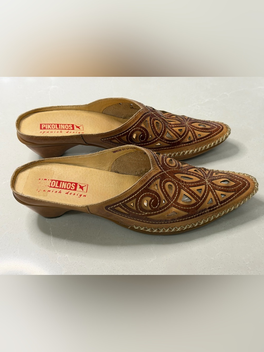 Pikolinos Casablanca Brown Leather Floral Laser Cut Mules Clogs Spain 37